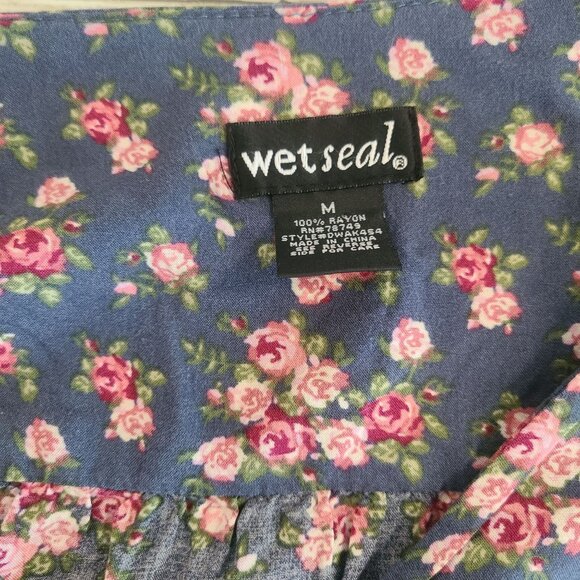 Wet Seal Womens Mini Dress Blue Floral 3/4 Roll Tab Sleeves M Cottage Feminine - Picture 4 of 7